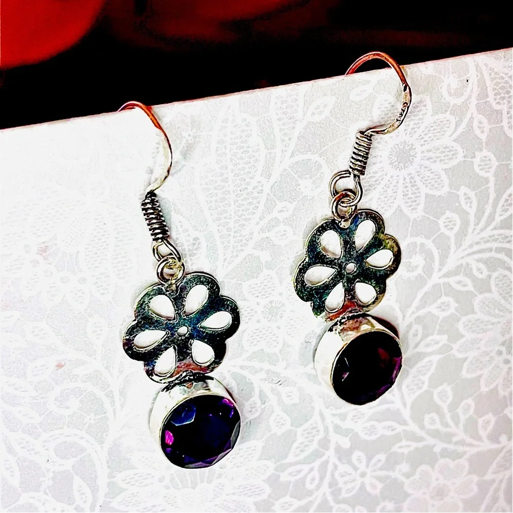 New Artisan 925 Sterling Silver Natural Amethyst Gem Daisy Handmade Earrings